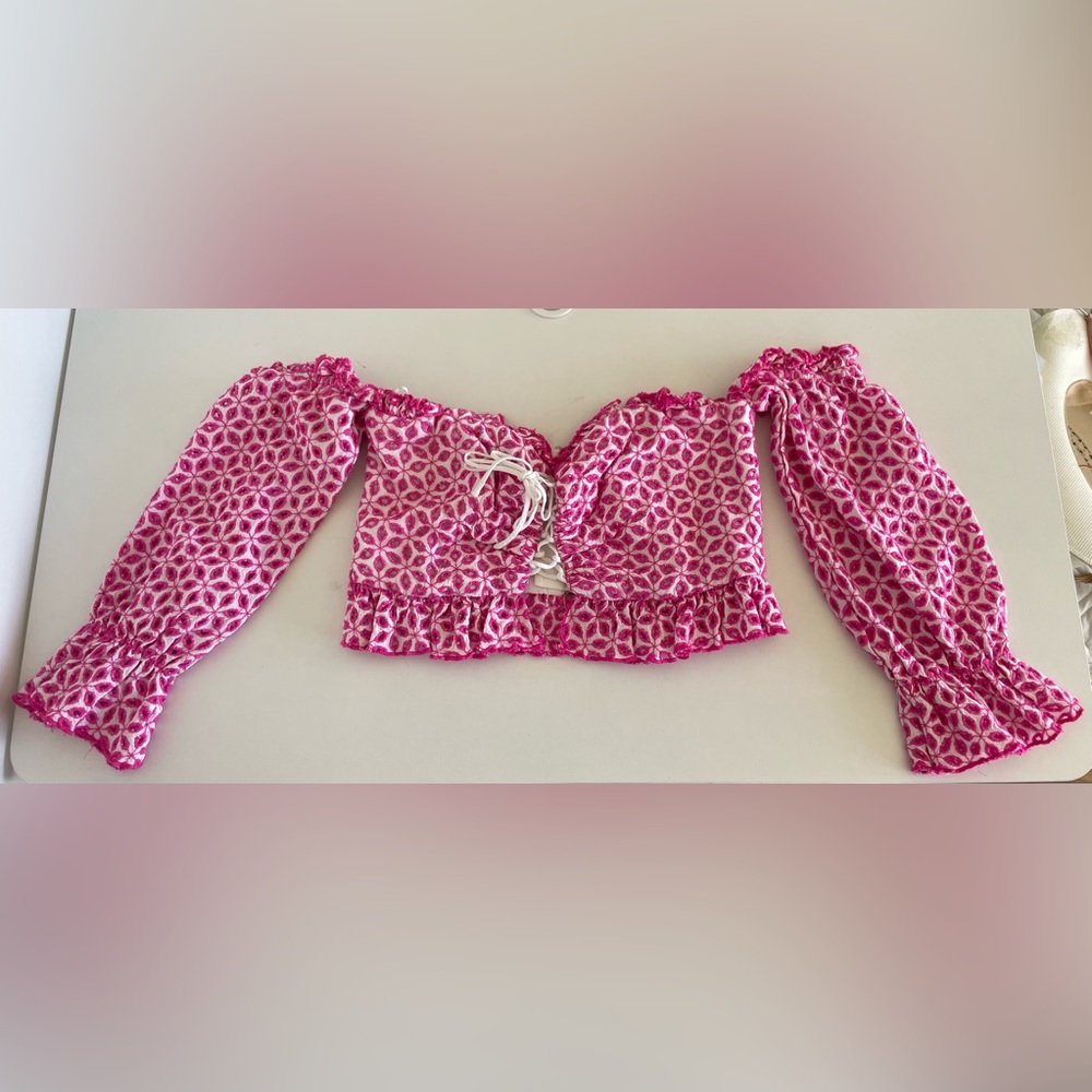 Bardot Pink and White Embroidered Top